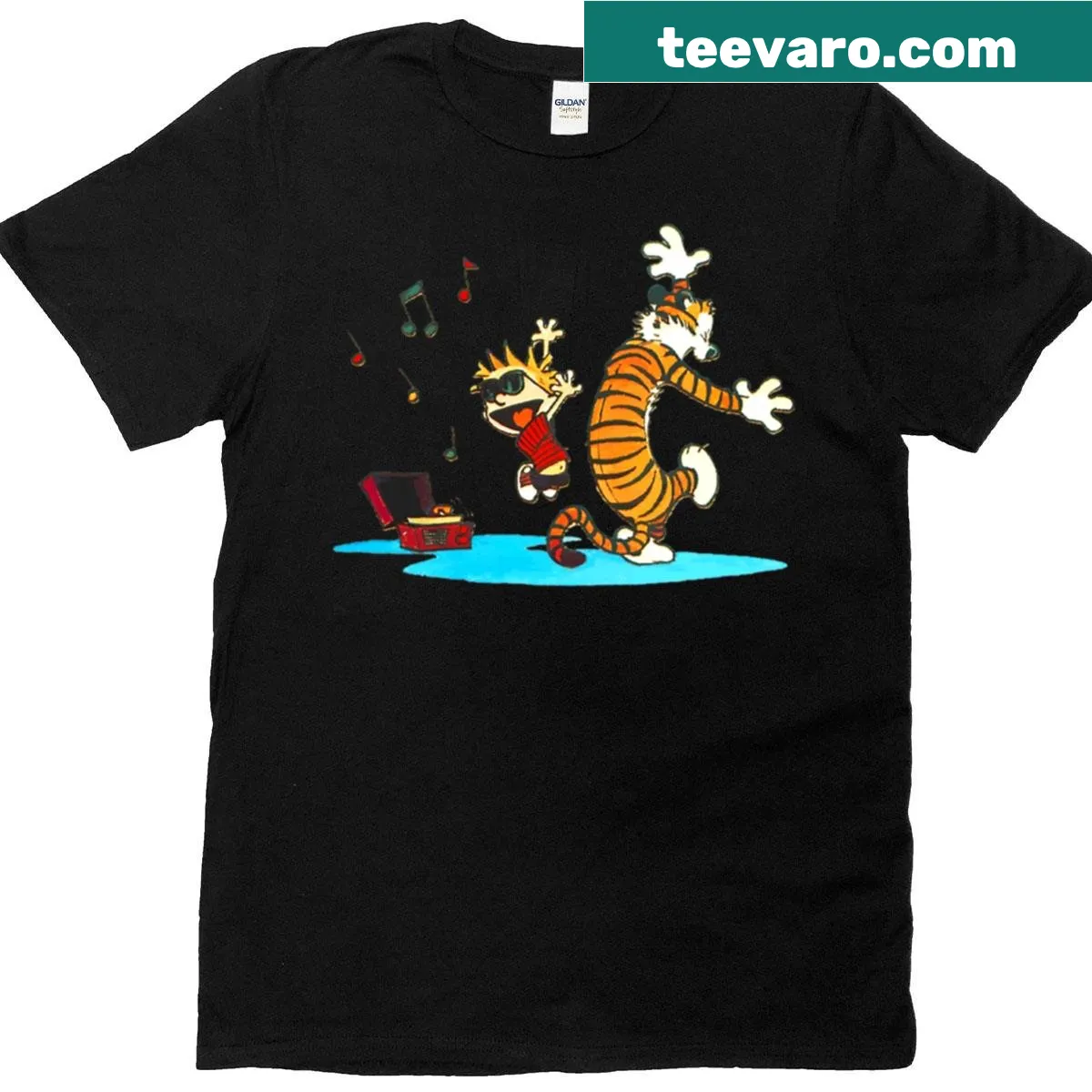 Illustration of Calvin and Hobbes dancing happily on a t-shirt. — on a men's t-shirt