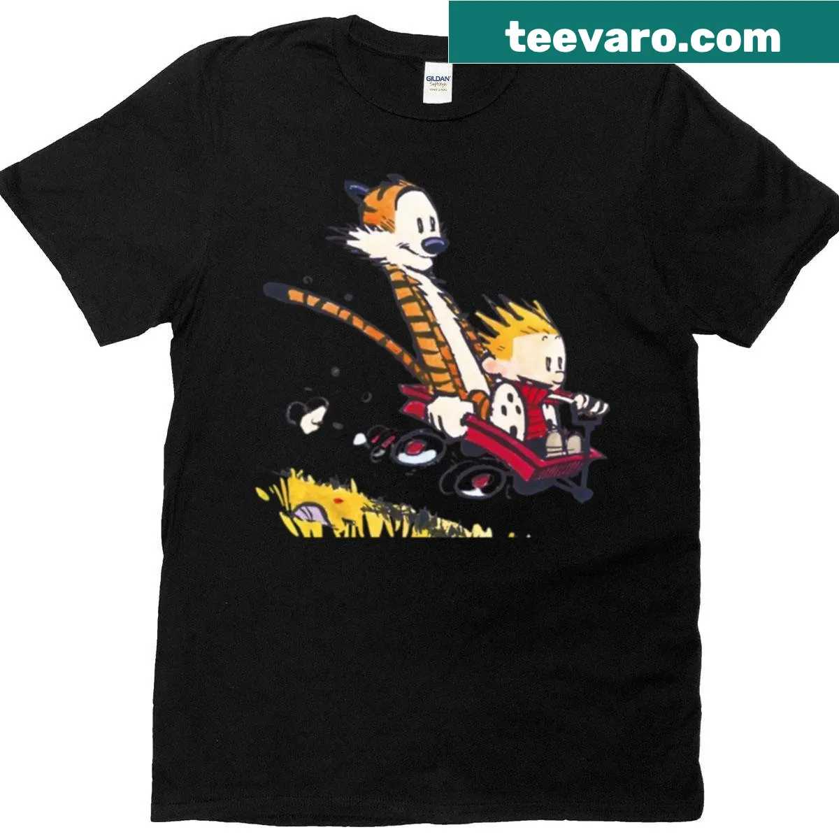 Calvin and Hobbes in a red wagon illustrated on a playful t-shirt — on a men's t-shirt