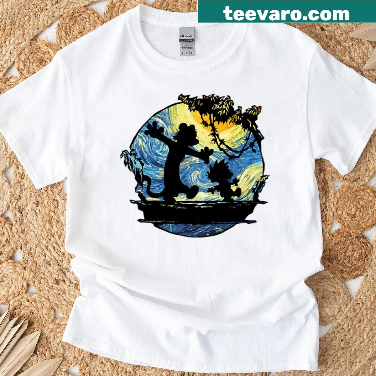 Calvin and Hobbes under a starry night graphic on a t-shirt — on a men's t-shirt