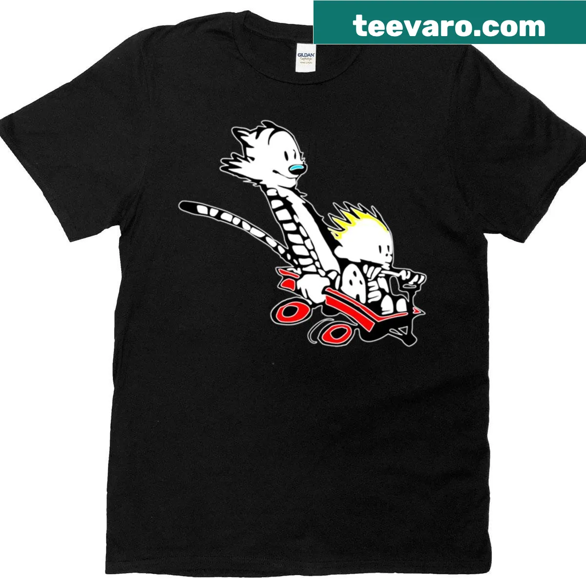 Classic Calvin and Hobbes illustration of wagon riding on a t-shirt — on a men's t-shirt