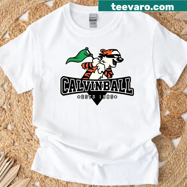 Illustrated T-shirt of Calvin and Hobbs in a flag design