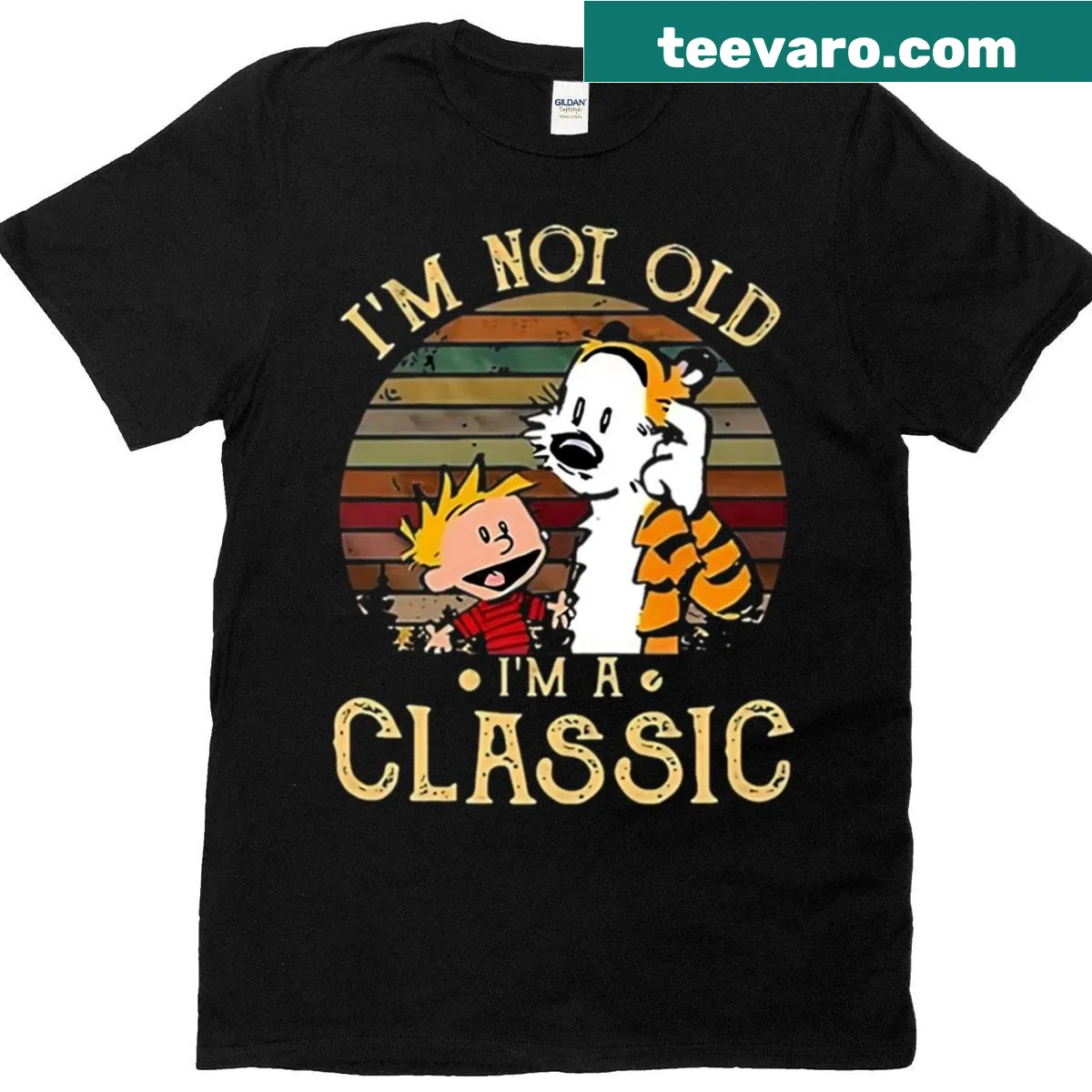 Calvin and Hobbs cartoon graphic t-shirt — on a men's t-shirt