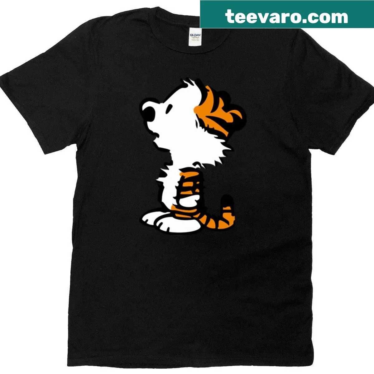 T-shirt featuring Calvin and Hobbes illustration by Bill Watterson — on a men's t-shirt