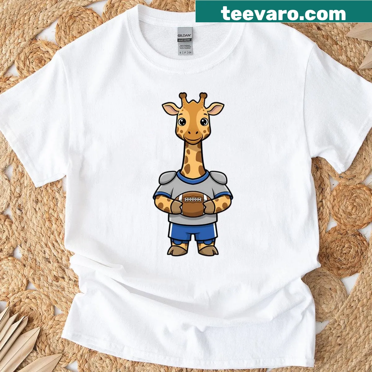 Cartoon giraffe football player graphic on oversized T-shirt — on a men's t-shirt