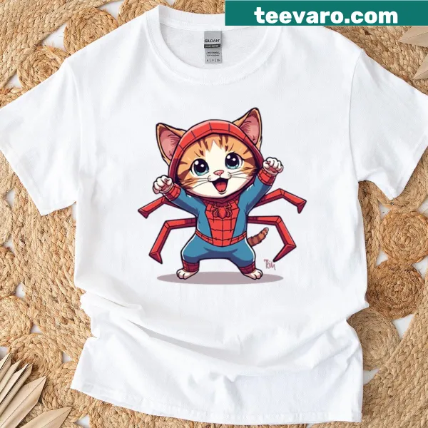 Cartoon cat in a spider costume on a t-shirt