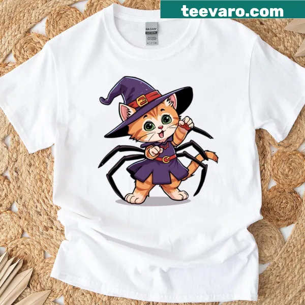 Cute cat dressed in a witch costume on a t-shirt