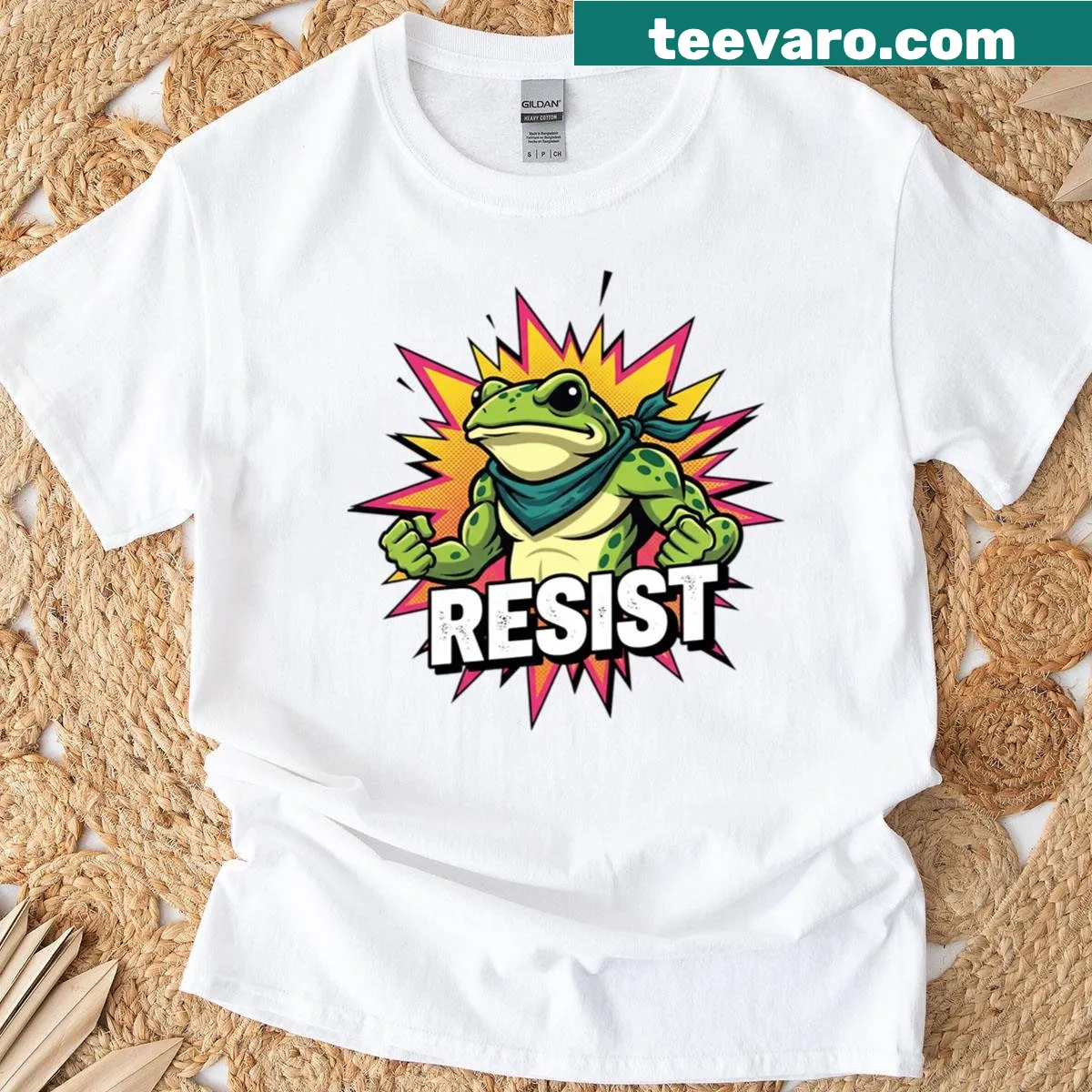 Cel-shaded frog graphic on a T-shirt, with a playful expression. — on a men's t-shirt