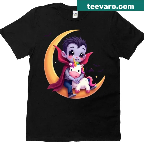 Cute little vampire character graphic on a t-shirt