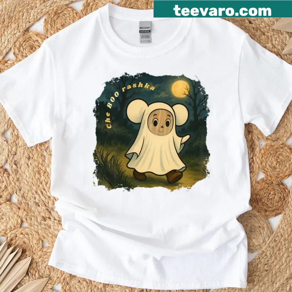 Spooky Cheburashka ghost illustration on an oversized t-shirt