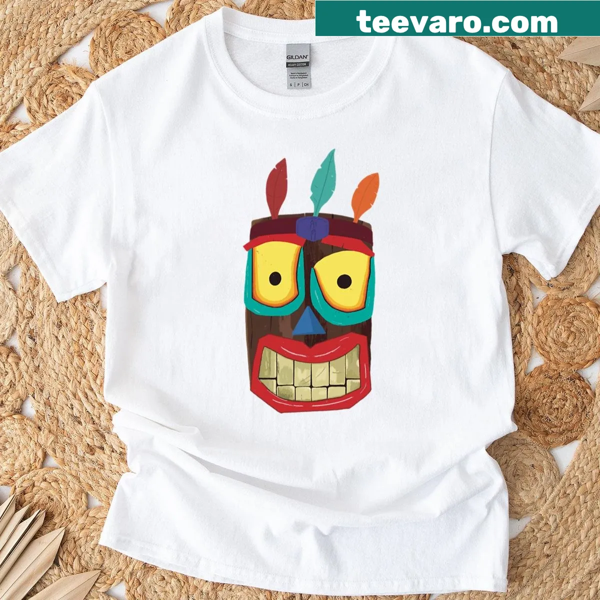 Cheerful tiki face graphic on a fitted T-shirt — on a men's t-shirt