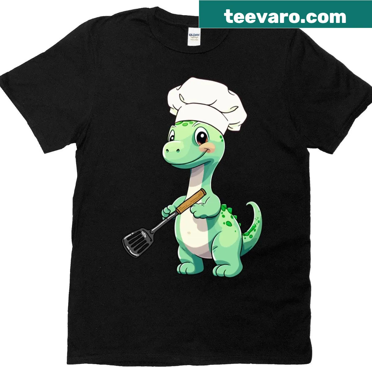 Cartoon dinosaur dressed as a chef on a playful t-shirt — on a men's t-shirt