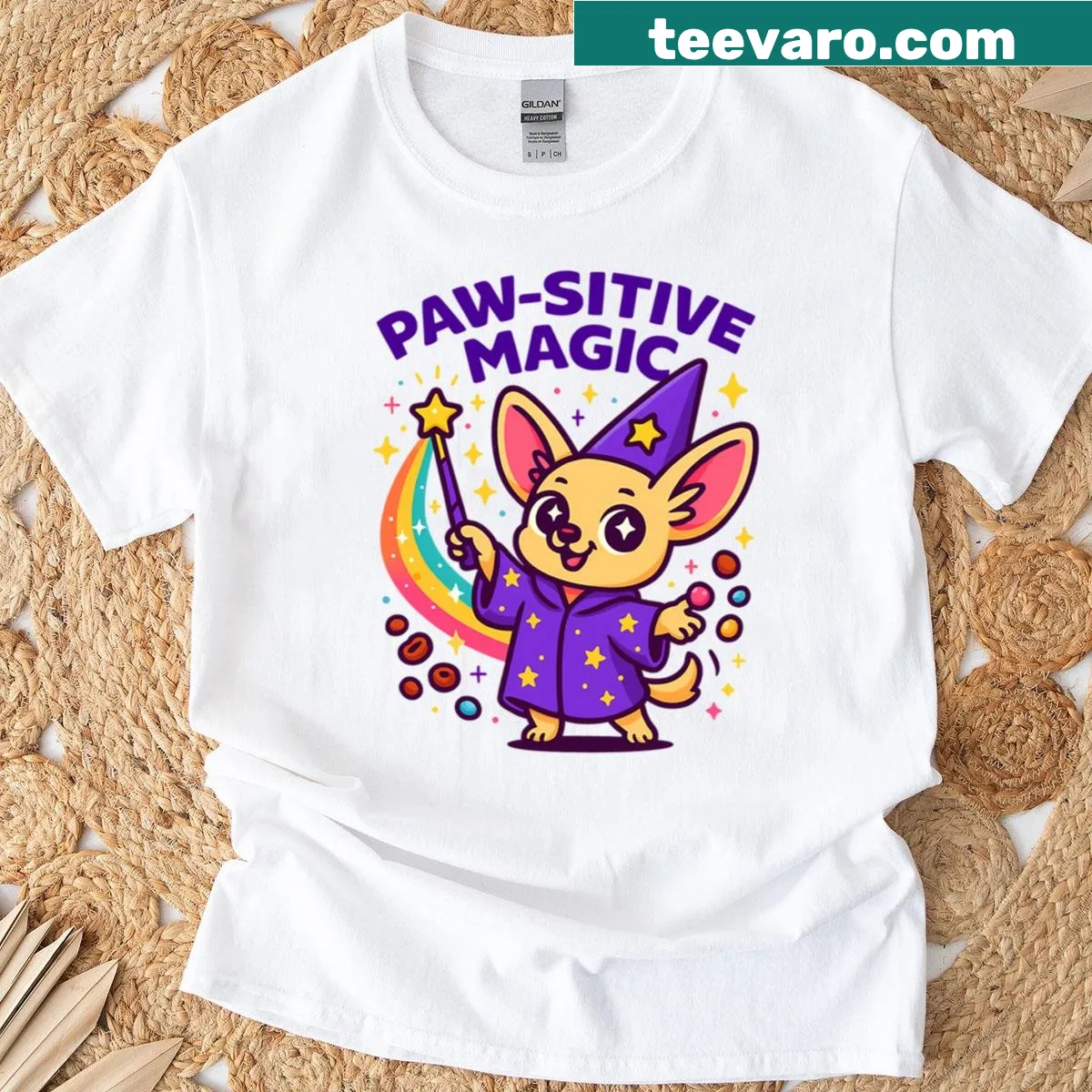 Whimsical Chihuahua wizard graphic T-shirt with rainbow treats — on a men's t-shirt