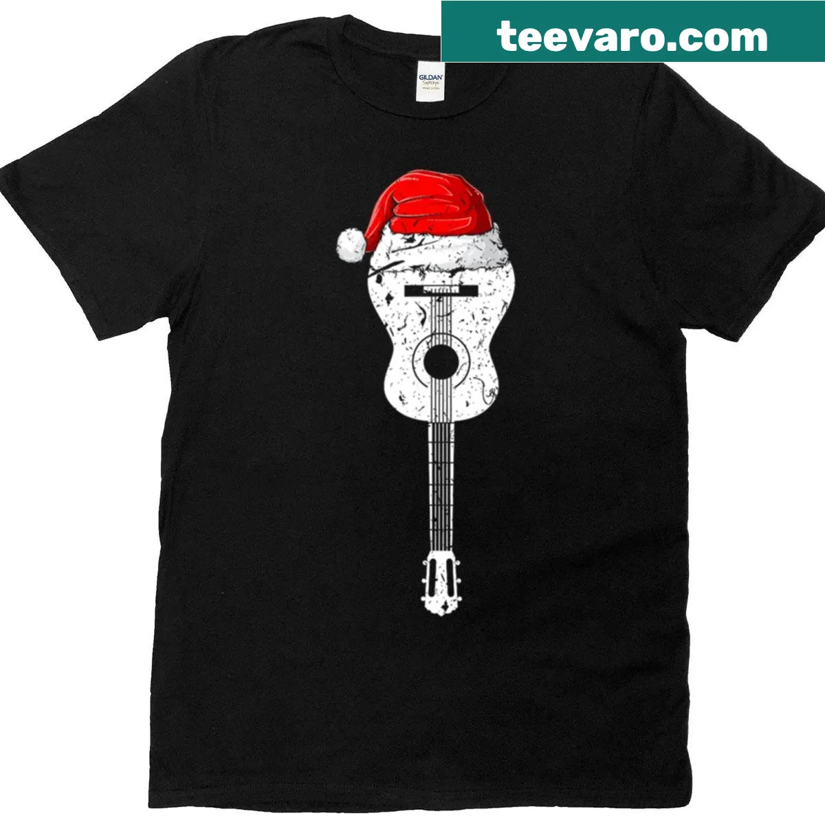 Cute Christmas shirt with guitar and Santa hat design — on a men's t-shirt