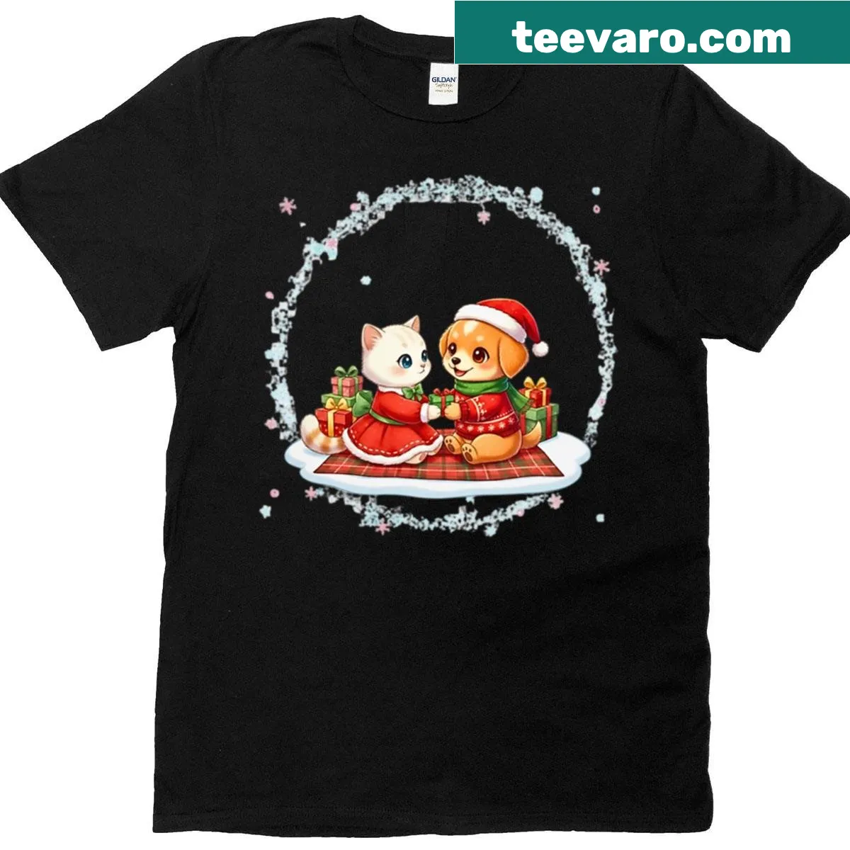 Cute kitten and puppy sharing a gift graphic on an oversized T-shirt — on a men's t-shirt