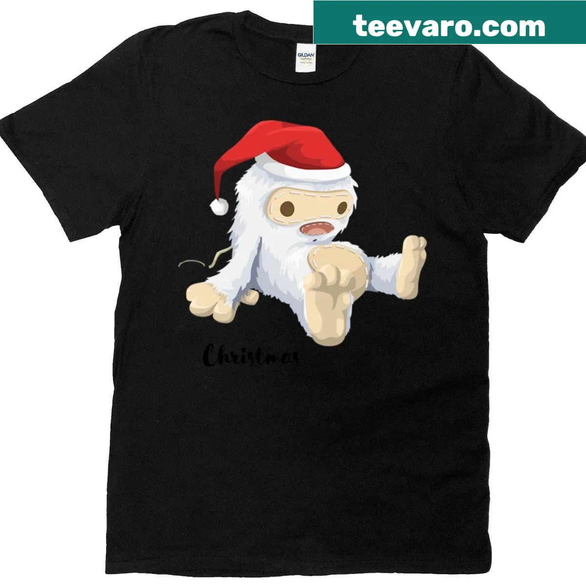 Whimsical Christmas Yeti t-shirt with snowflakes and holiday decorations — on a men's t-shirt