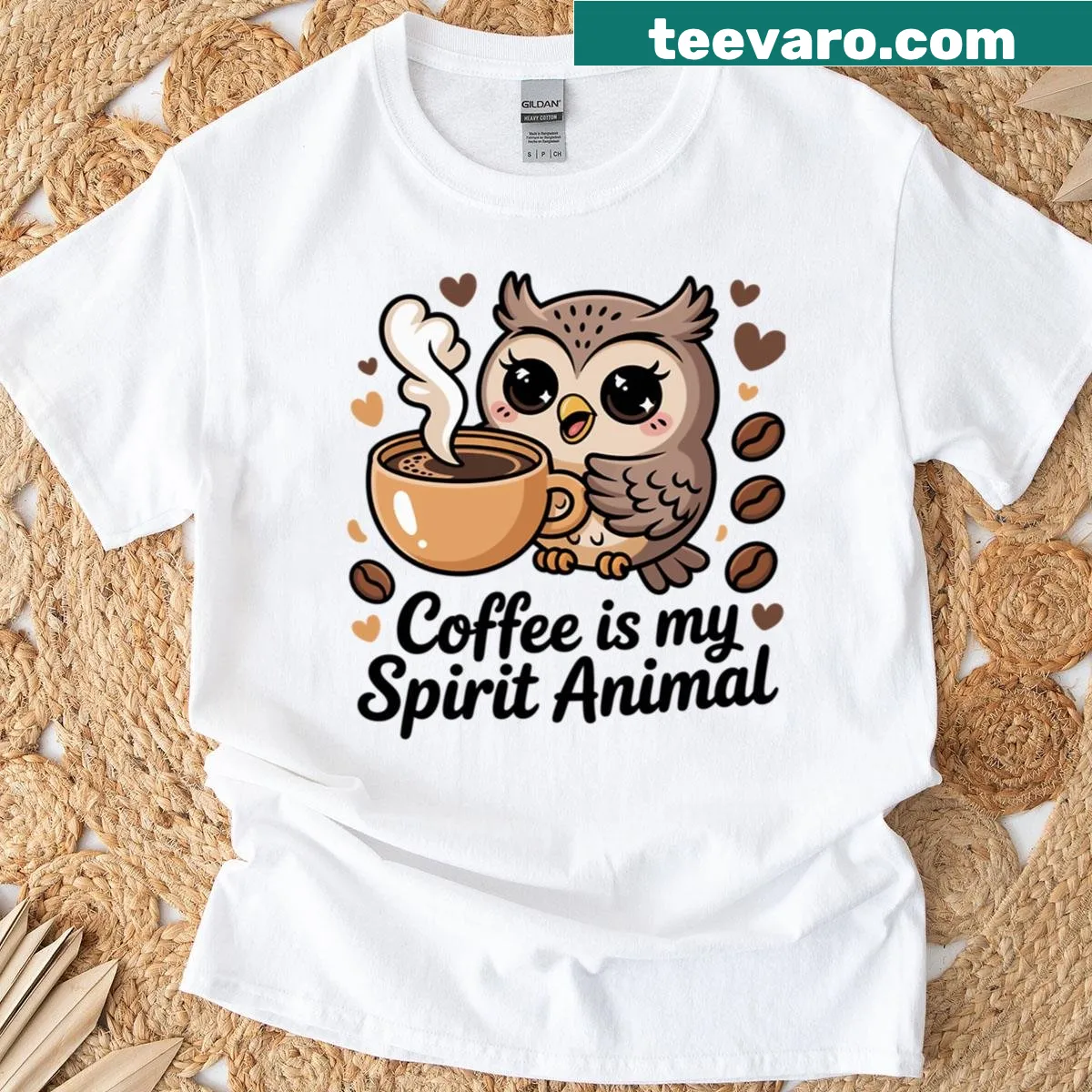 Kawaii owl holding coffee cup cartoon design on t-shirt — on a men's t-shirt