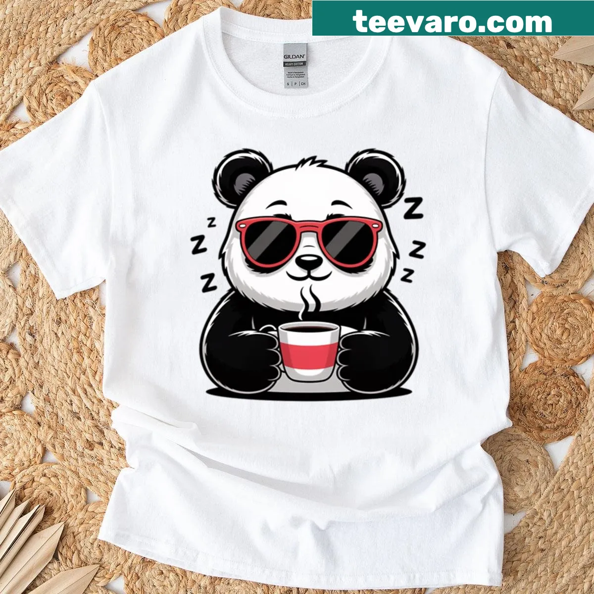 Cute panda holding a coffee cup in a funny cartoon design — on a men's t-shirt
