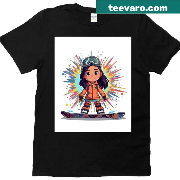 Cartoon shirt depicting a colorful snowboarder in action.