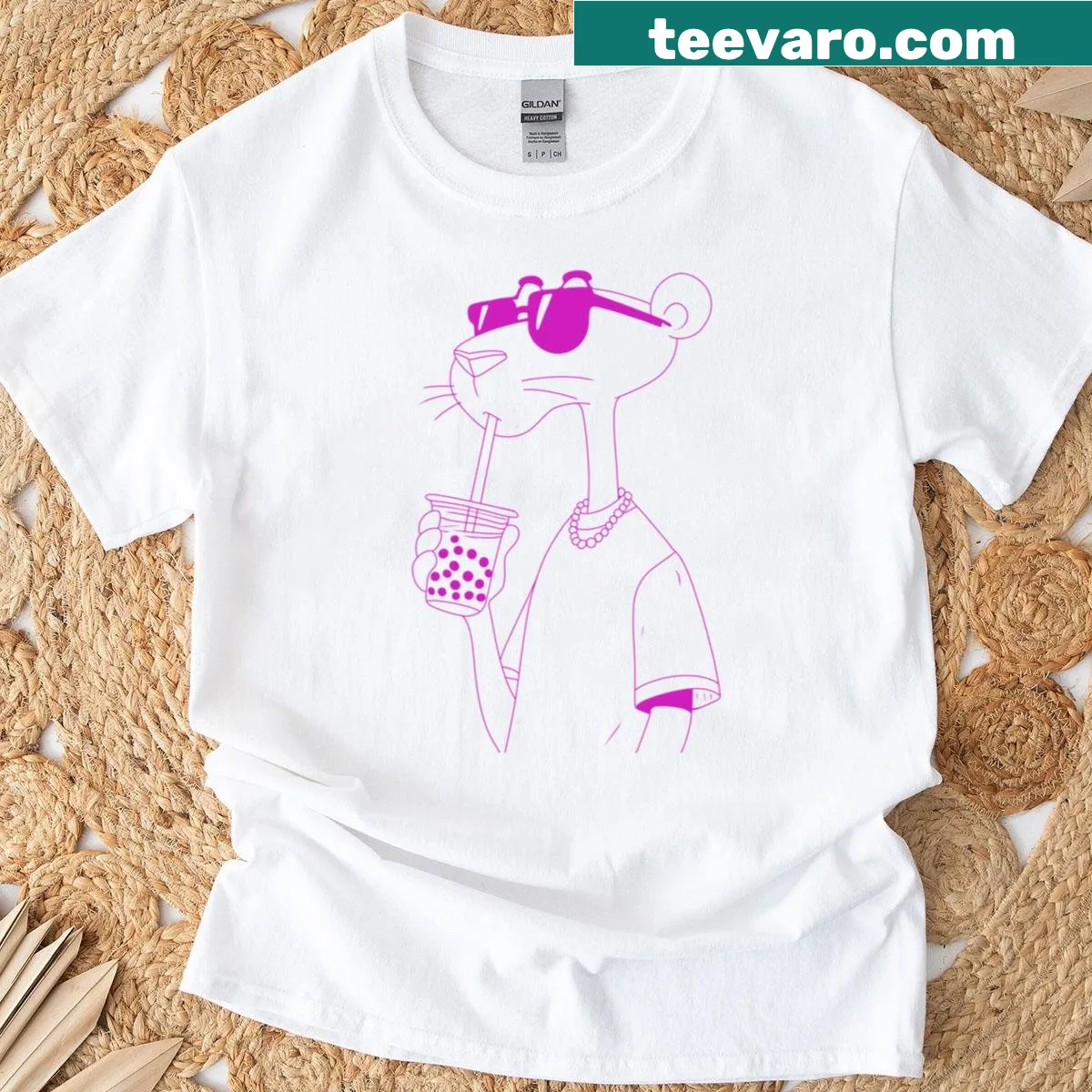 Illustration of a distinctive cat character inspired by Pink Panther — on a men's t-shirt