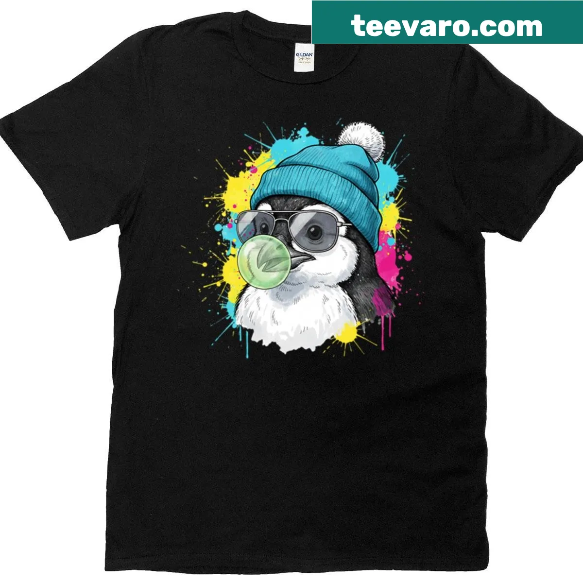 Penguin blowing a bubble illustration T-shirt — on a men's t-shirt