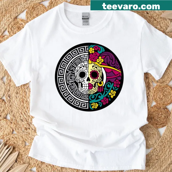 T-shirt featuring Day of the Dead themed graphic design.