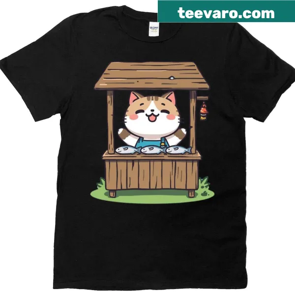 Kawaii cat fish seller shirt in a cozy market setting