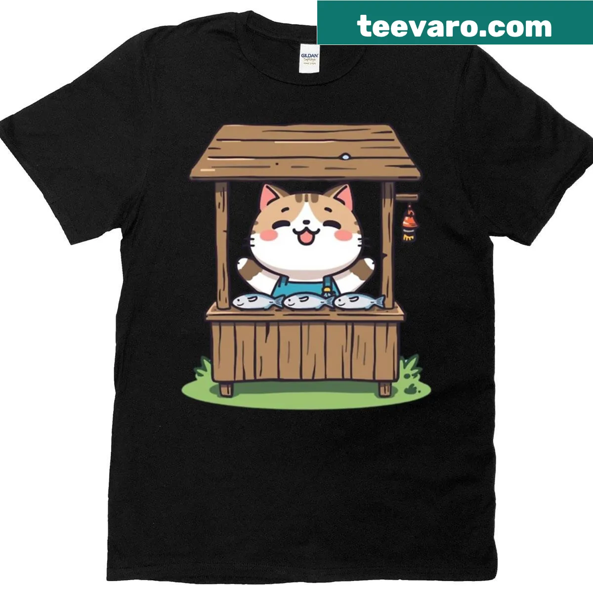 Kawaii cat fish seller shirt in a cozy market setting — on a men's t-shirt