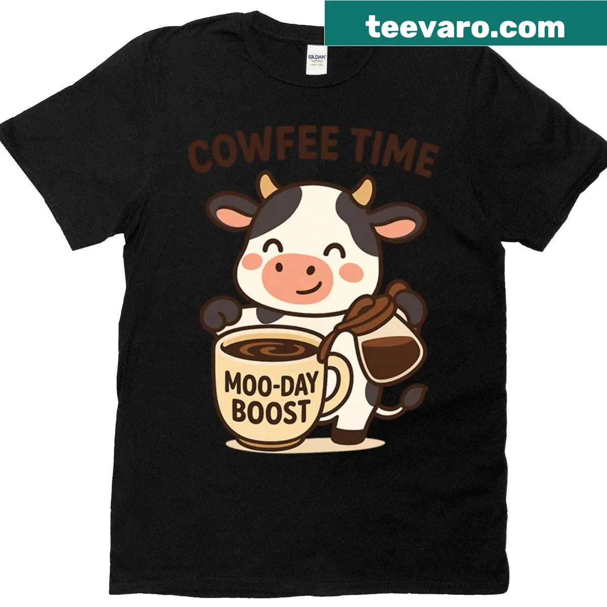 Oversized T-shirt with a cute cow serving coffee cartoon — on a men's t-shirt