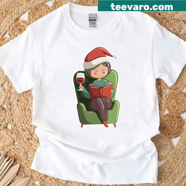 Cute cartoon of a reader in a cozy Christmas setting on a T-shirt.