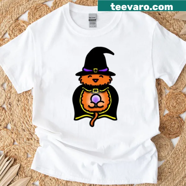 Illustration of a witch cat with a crystal ball on a T-shirt