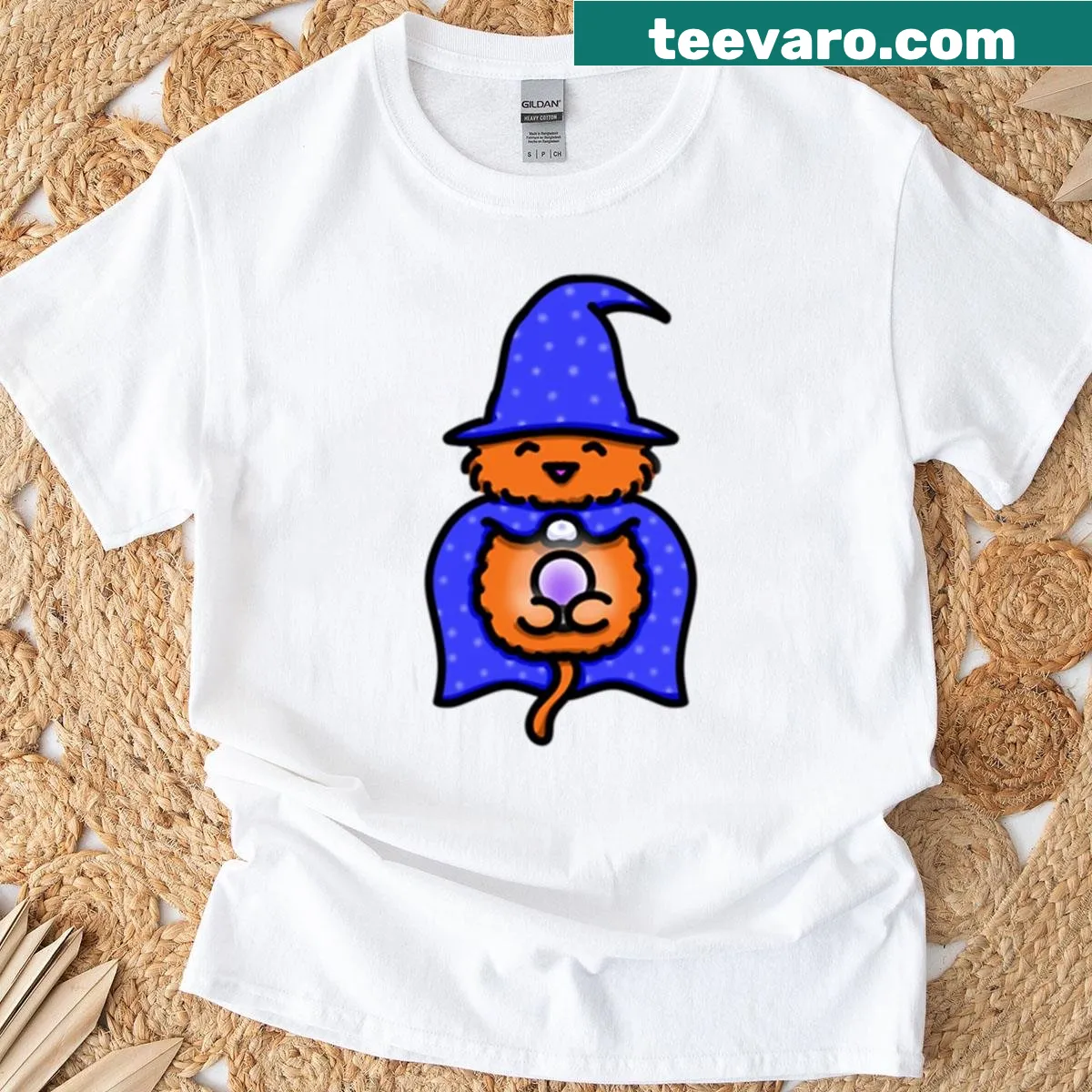 Illustration of a wizard cat with a crystal ball on a t-shirt — on a men's t-shirt