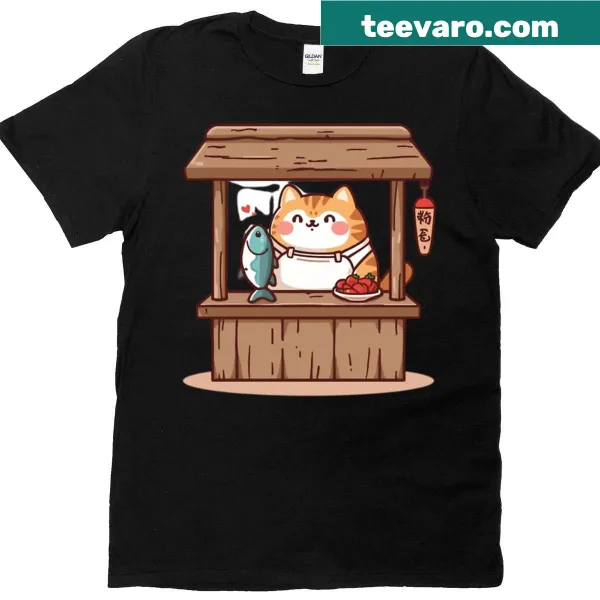 Kawaii cat with lantern and fish design on t-shirt