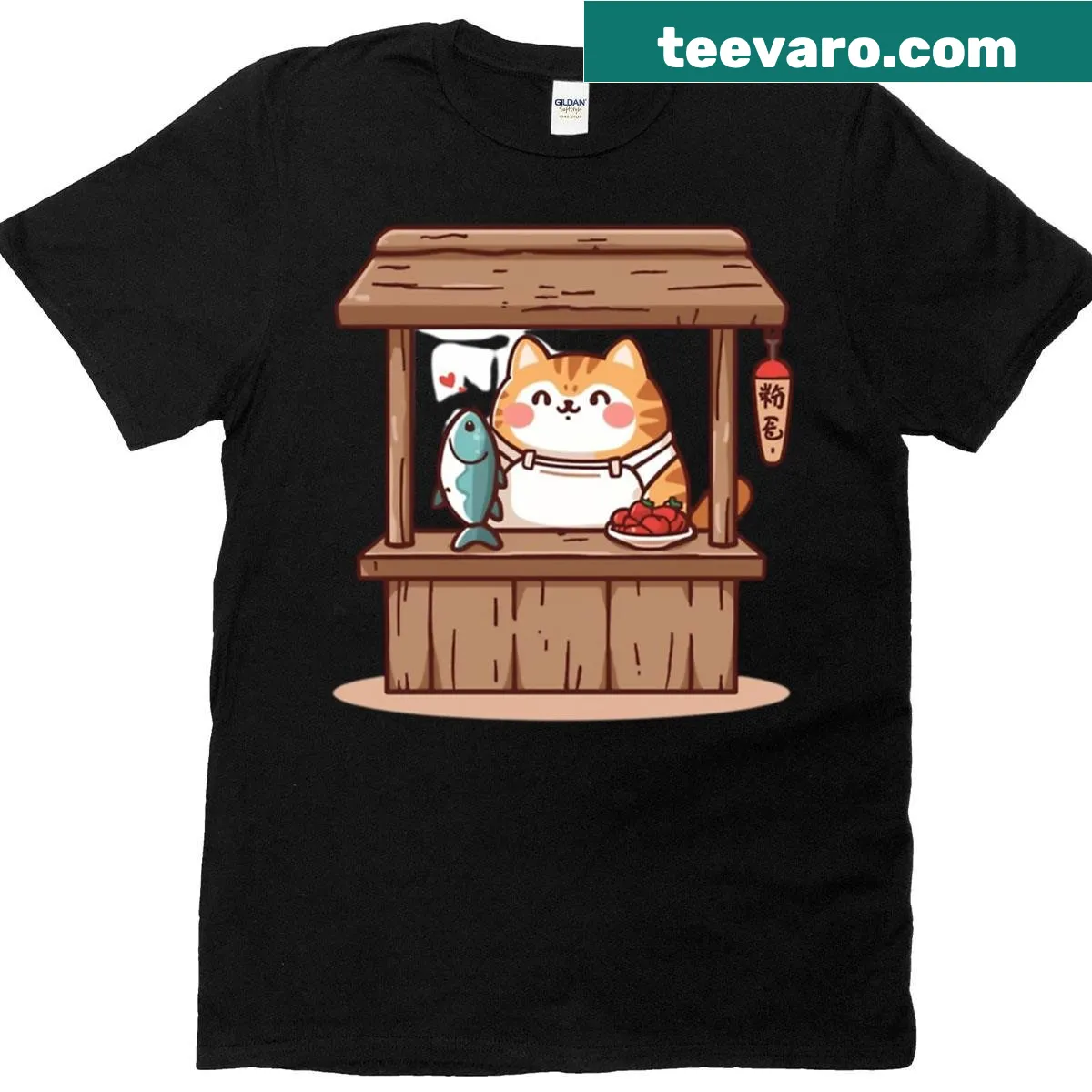 Kawaii cat with lantern and fish design on t-shirt — on a men's t-shirt