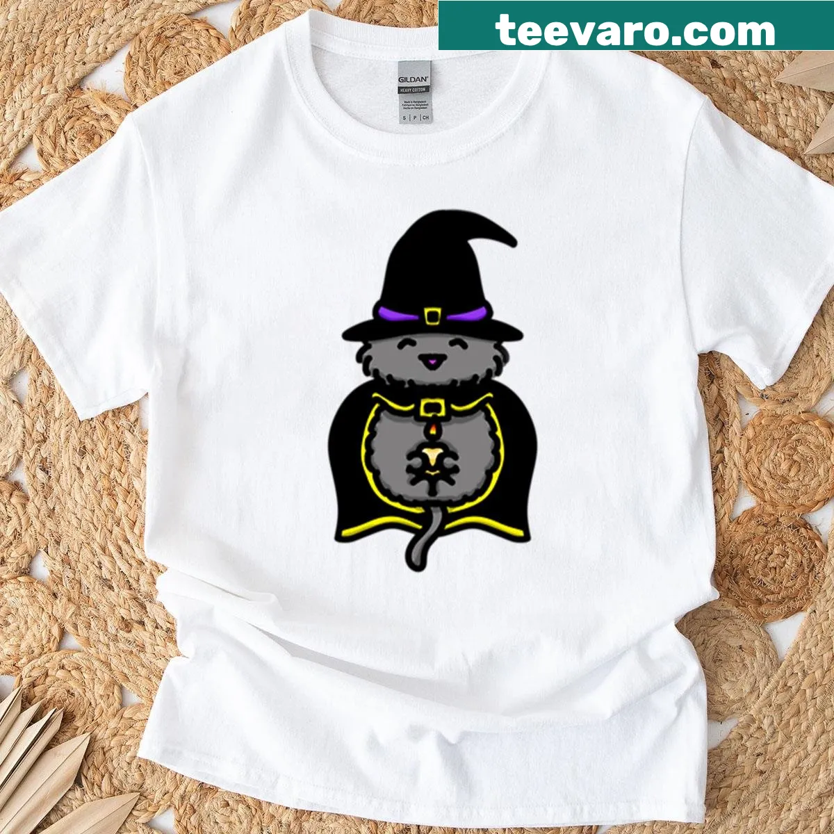 Gray cat dressed as a witch illustration on t-shirt — on a men's t-shirt