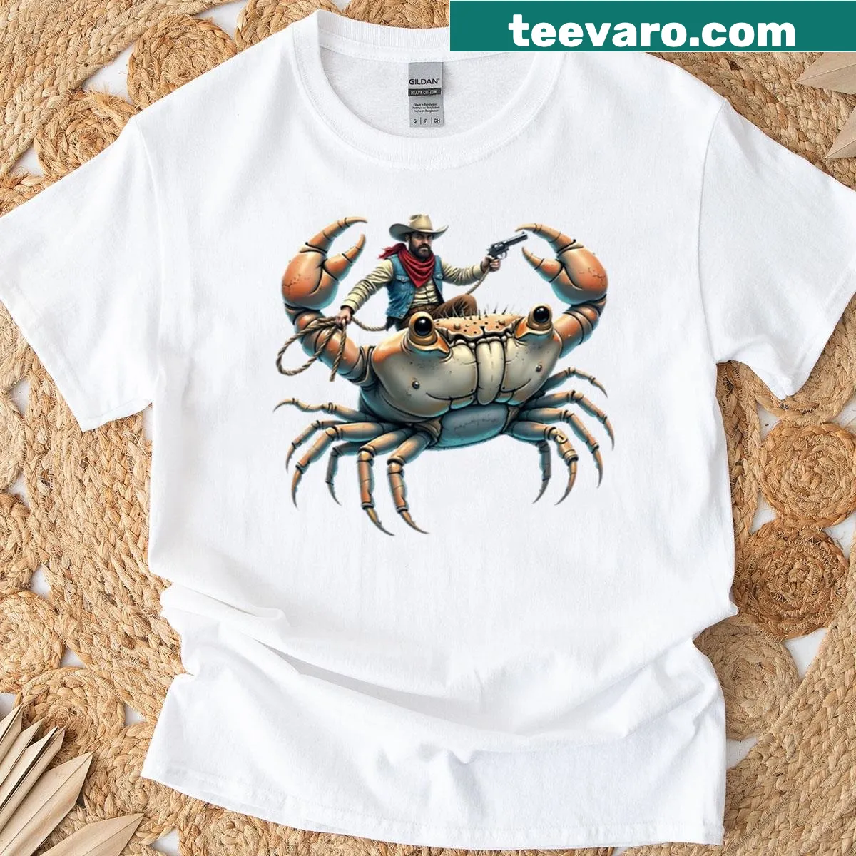 Cartoon crab in cowboy attire riding a wave on a t-shirt — on a men's t-shirt