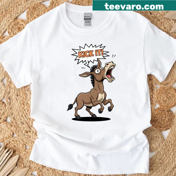 Funny T-shirt with a cartoon donkey and text 'Crazy Donkey Kick It'