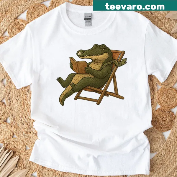 Crocodile reading a book illustration on a t-shirt