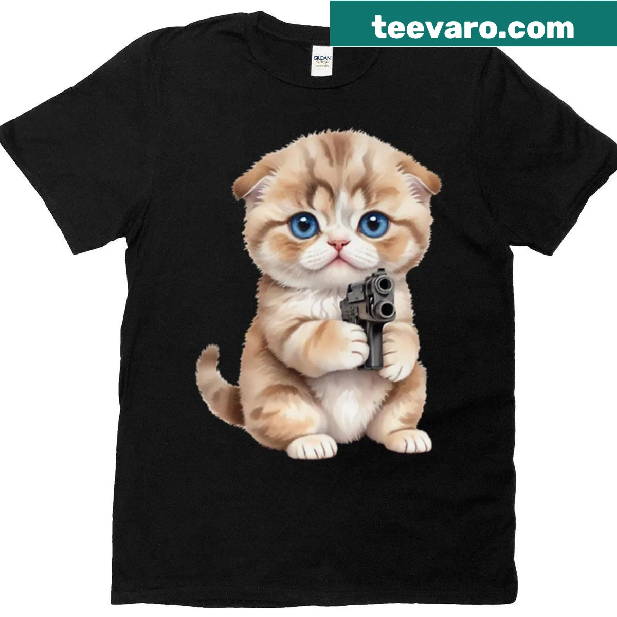 Oversized t-shirt featuring a crying Scottish Fold kitten — on a men's t-shirt