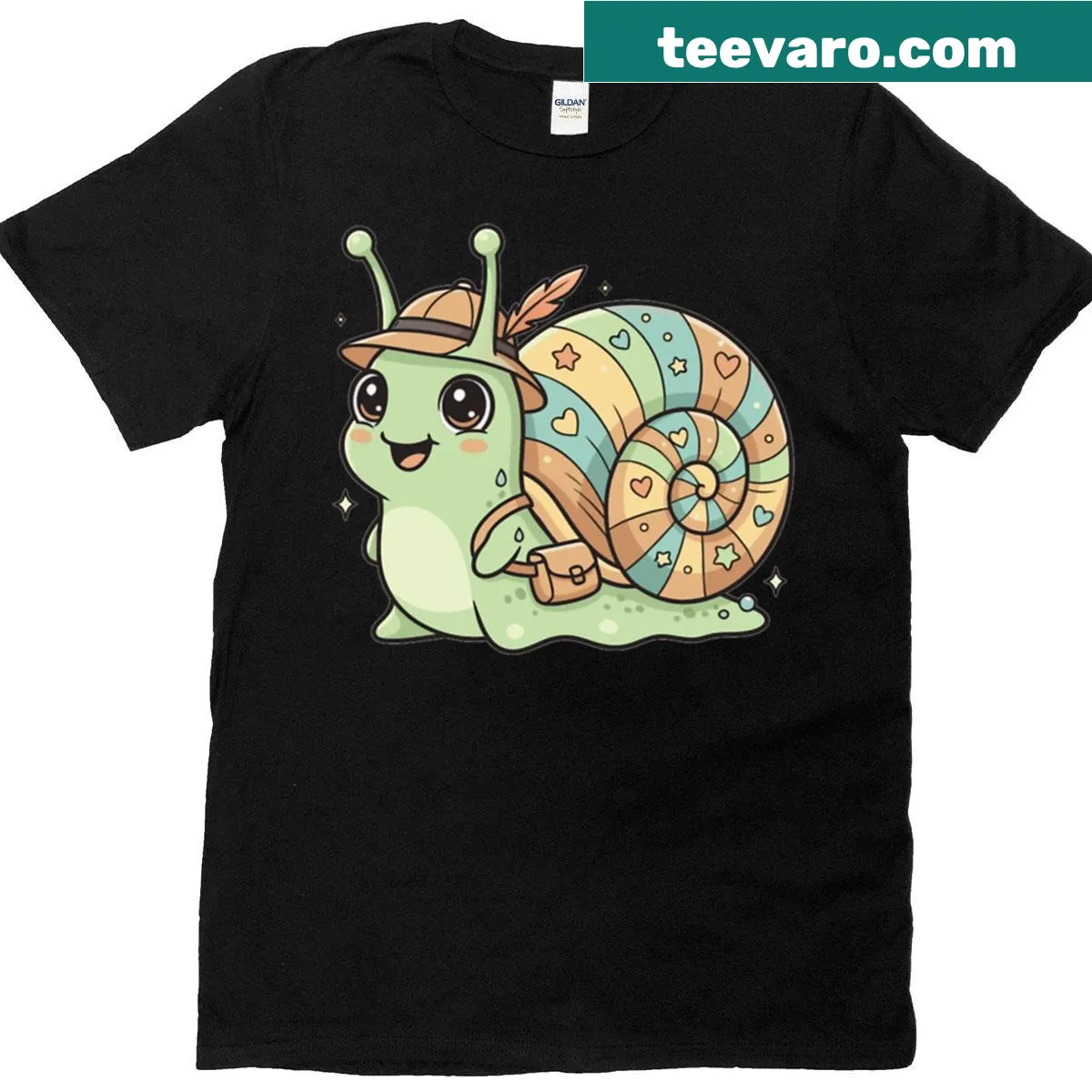 Kawaii snail T-shirt with explorer theme and colorful shell — on a men's t-shirt