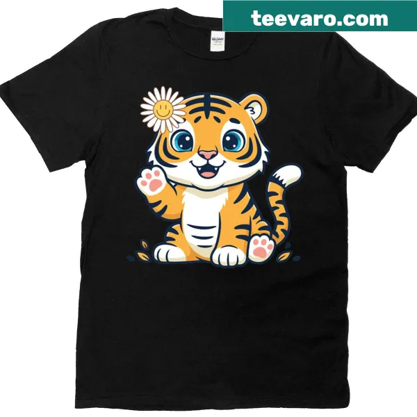 Cartoon of a baby tiger with daisies on an oversized t-shirt