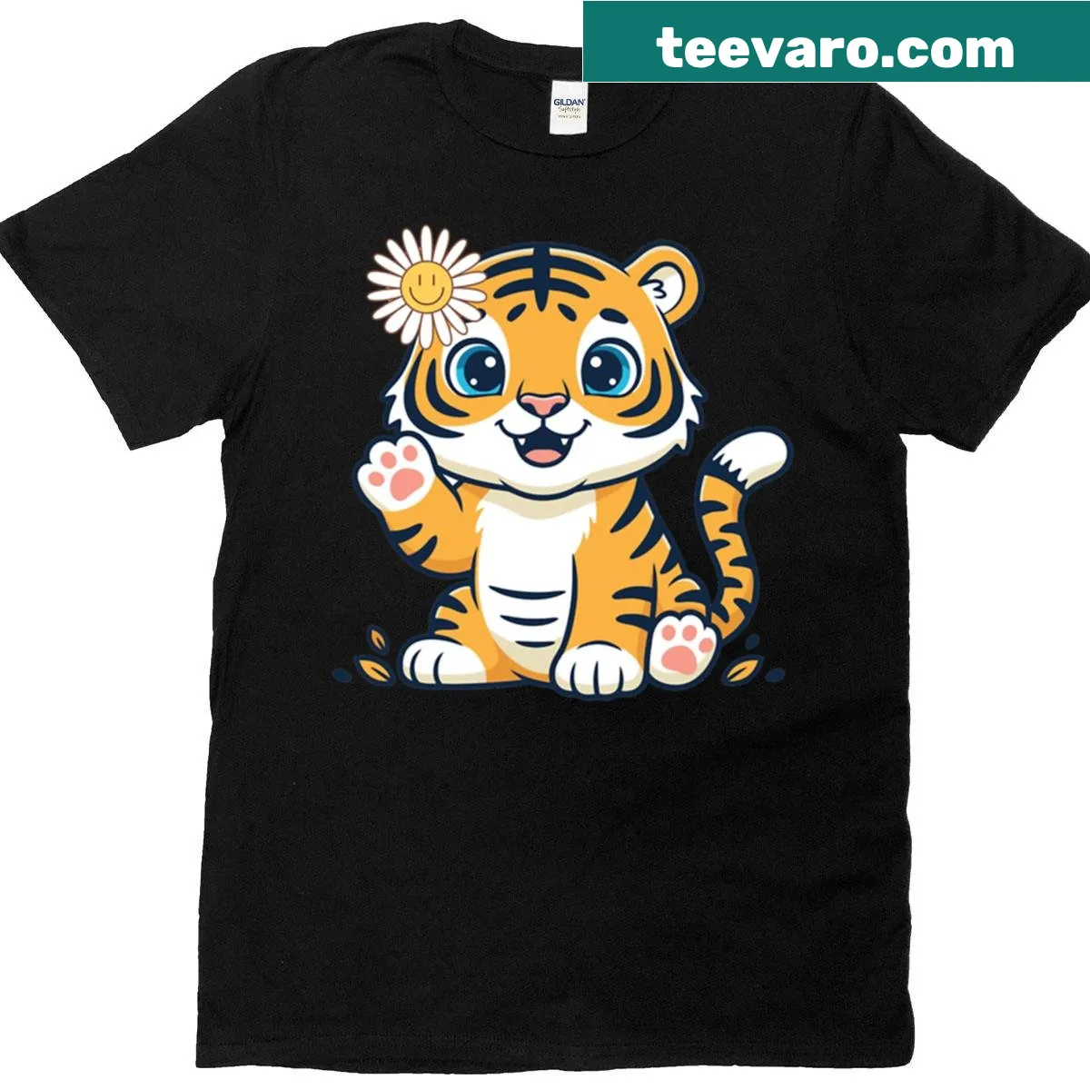 Cartoon of a baby tiger with daisies on an oversized t-shirt — on a men's t-shirt