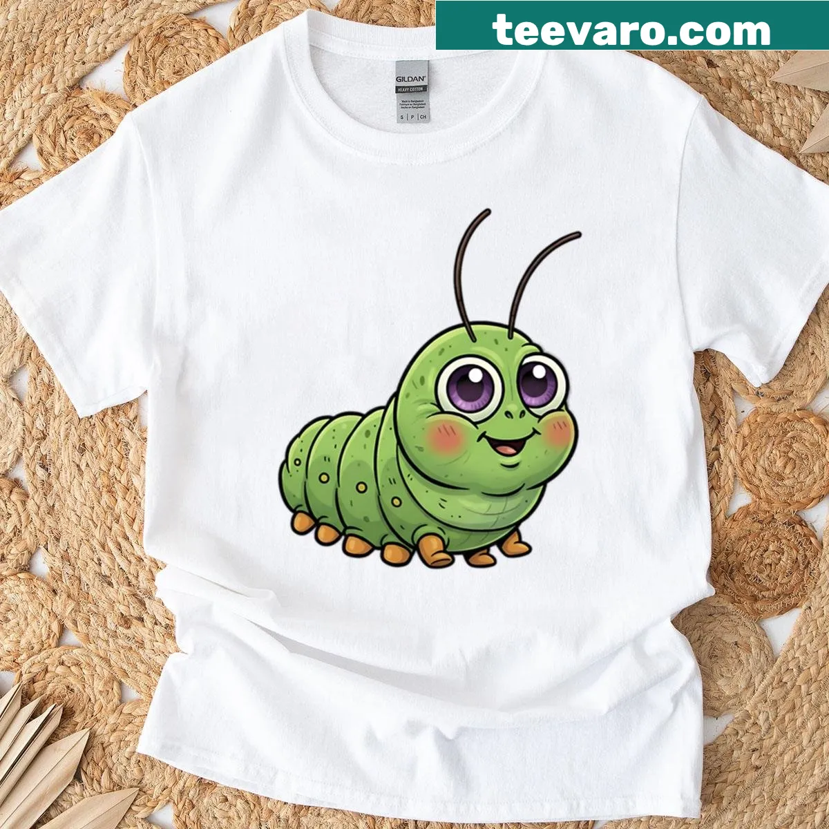 Cartoon caterpillar with big eyes on T-shirt — on a men's t-shirt