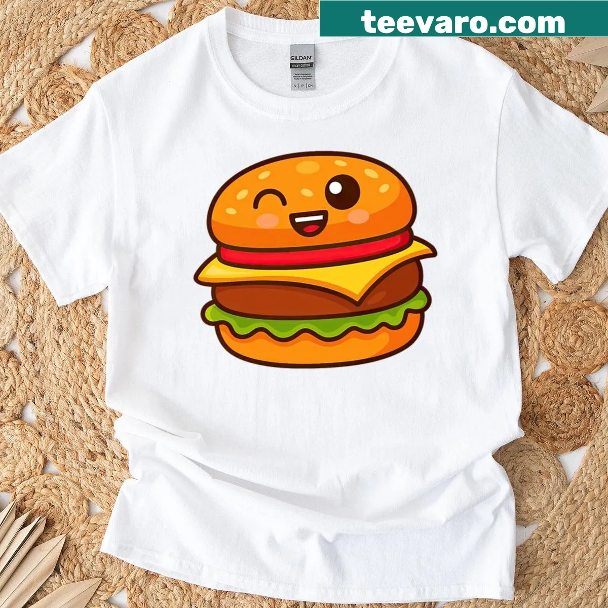 Cartoon cheeseburger t-shirt featuring a winking face — on a men's t-shirt