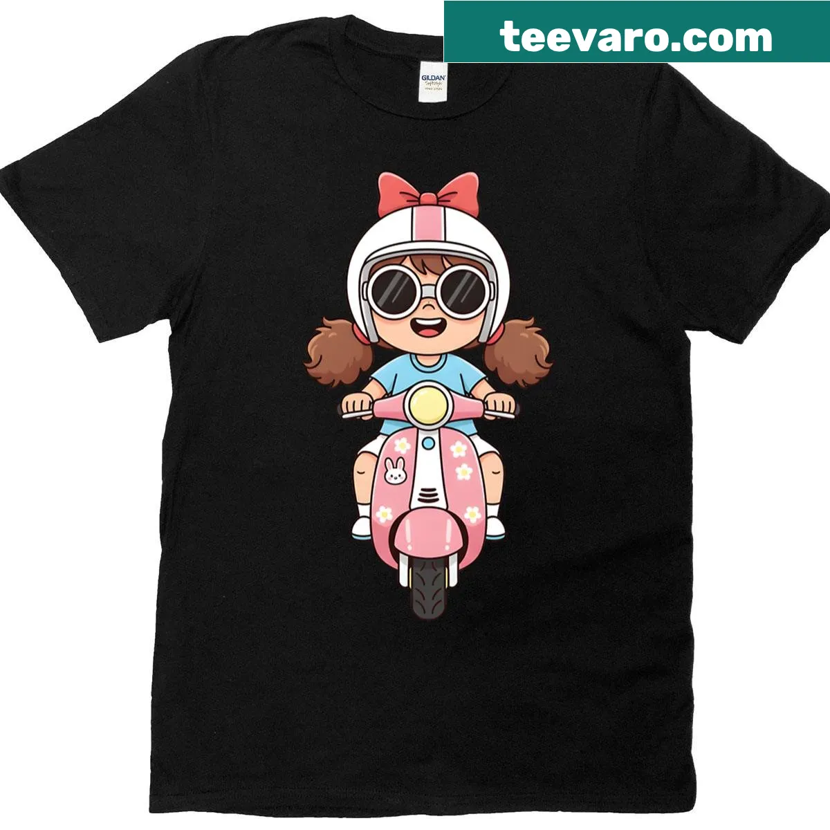 Cartoon girl riding a pink scooter in a playful design — on a men's t-shirt