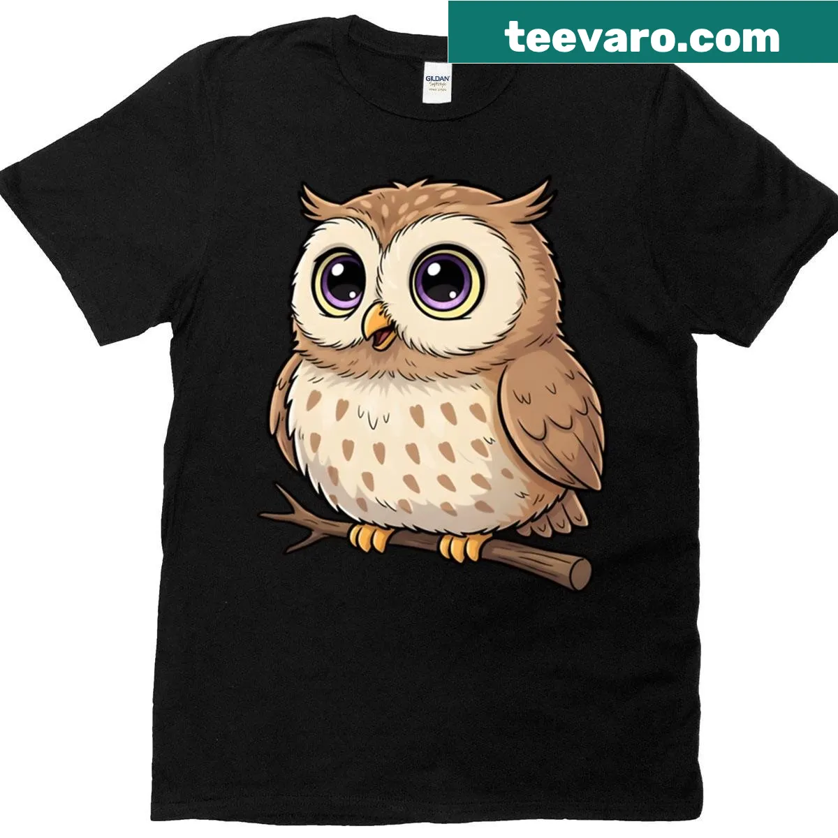 Cute cartoon owl on branch graphic T-shirt — on a men's t-shirt