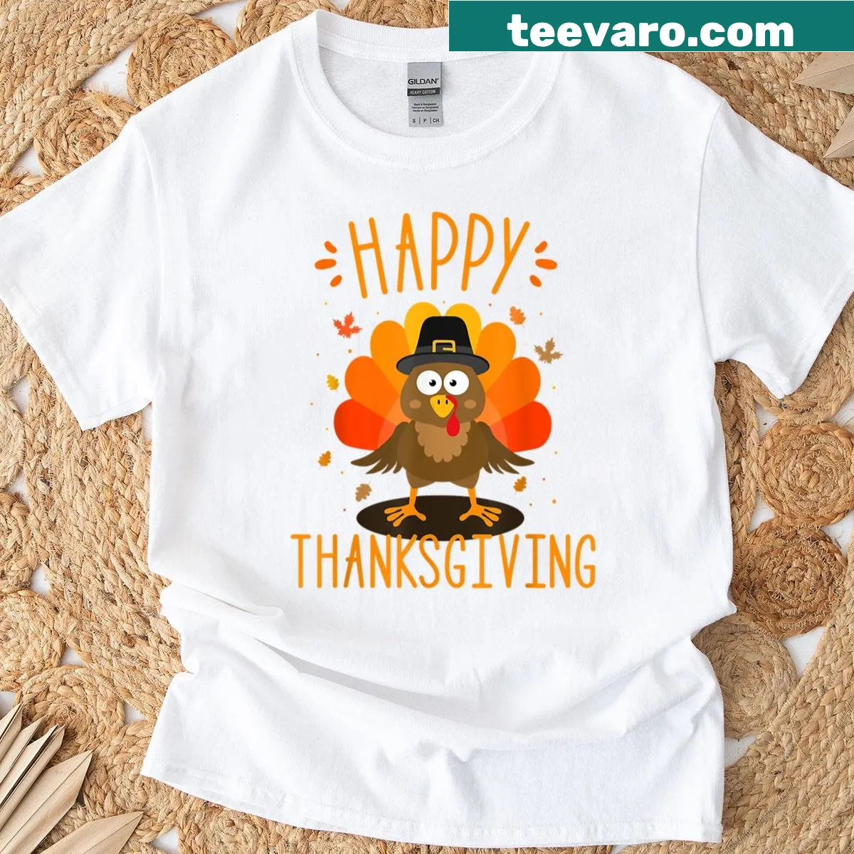 Cartoon turkey T-shirt with a pilgrim hat for Thanksgiving — on a men's t-shirt