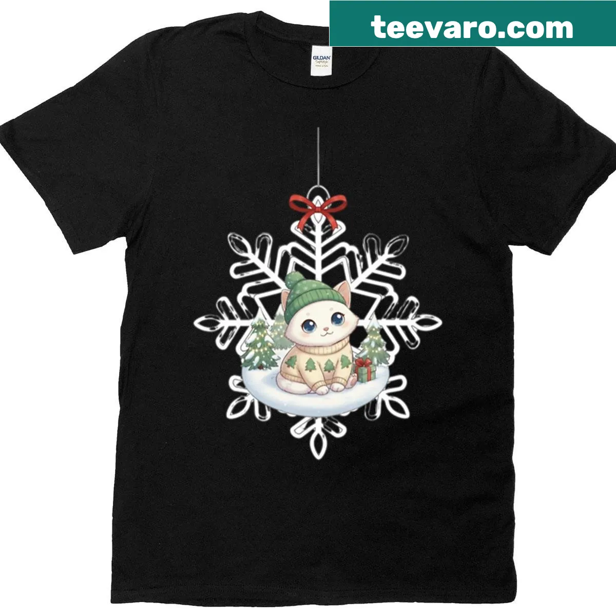 Cartoon kitten with snowflakes on a festive winter t-shirt — on a men's t-shirt