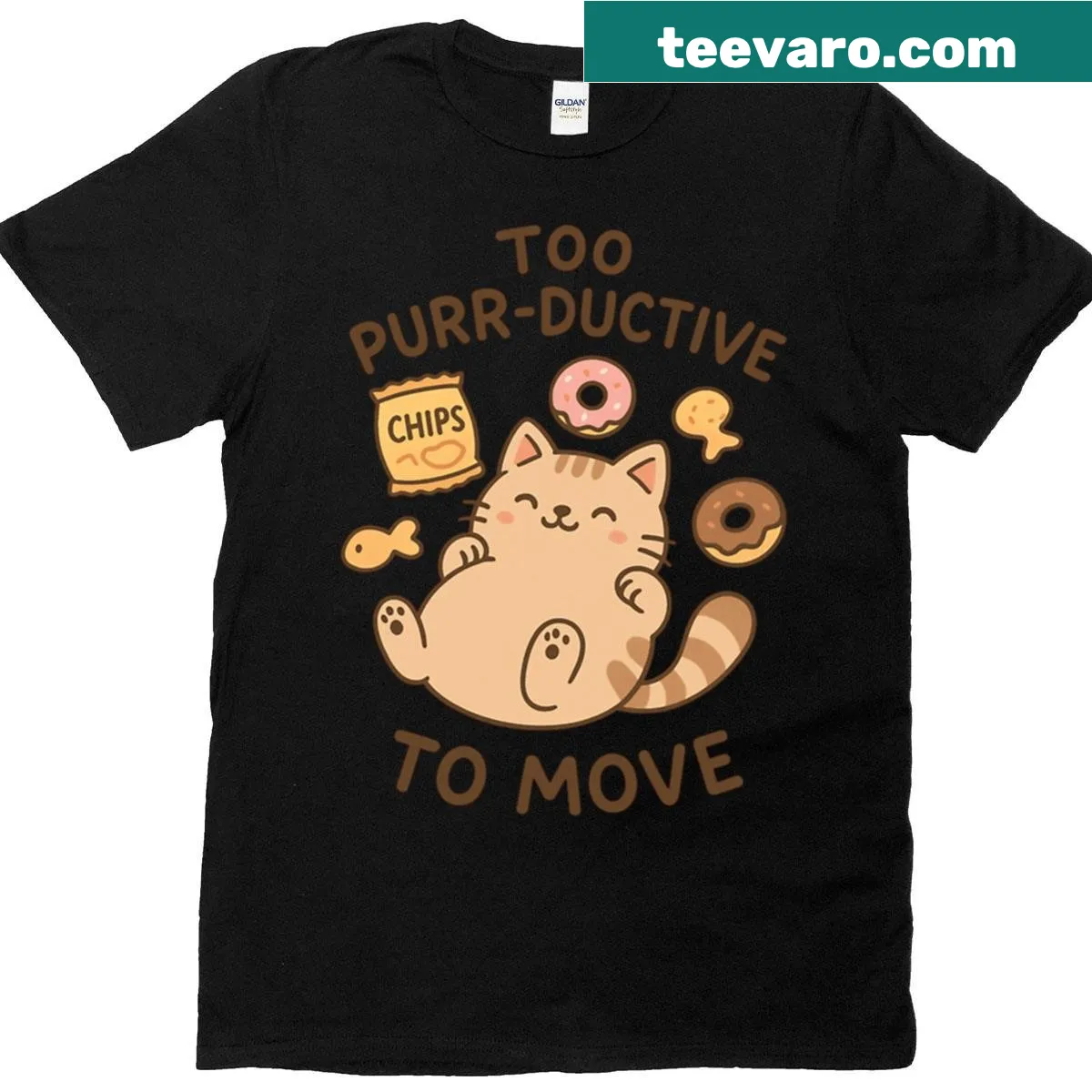 Cute cat lounging with the phrase Too Purr-ductive To Move — on a men's t-shirt