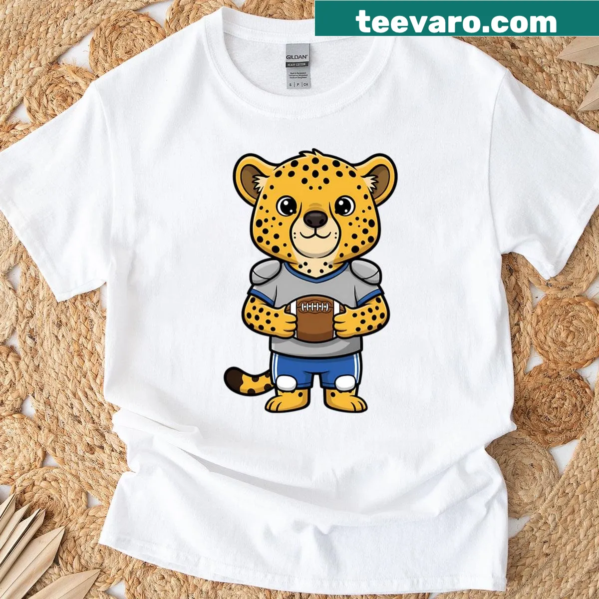 Cartoon T-shirt featuring a cute cheetah in a football uniform. — on a men's t-shirt
