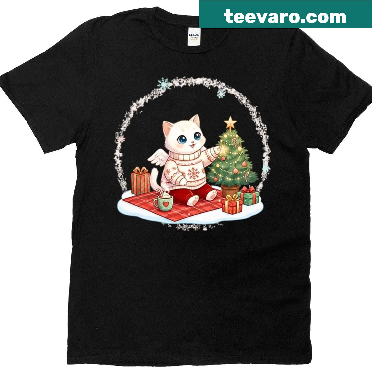 T-shirt with a cute angel cat decorating a Christmas tree — on a men's t-shirt